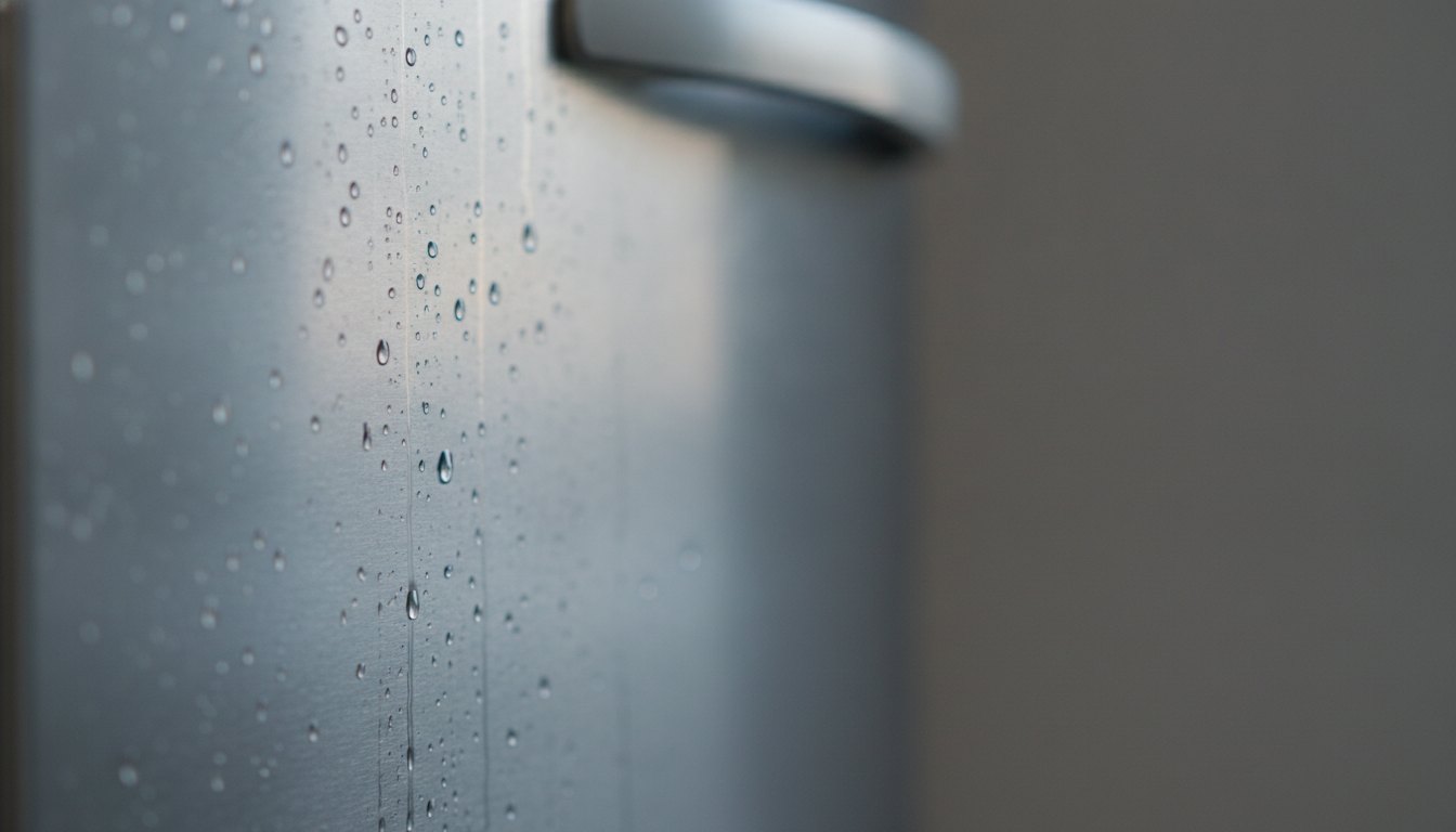 Gotas de água acumuladas na superfície metálica da porta de um refrigerador doméstico.