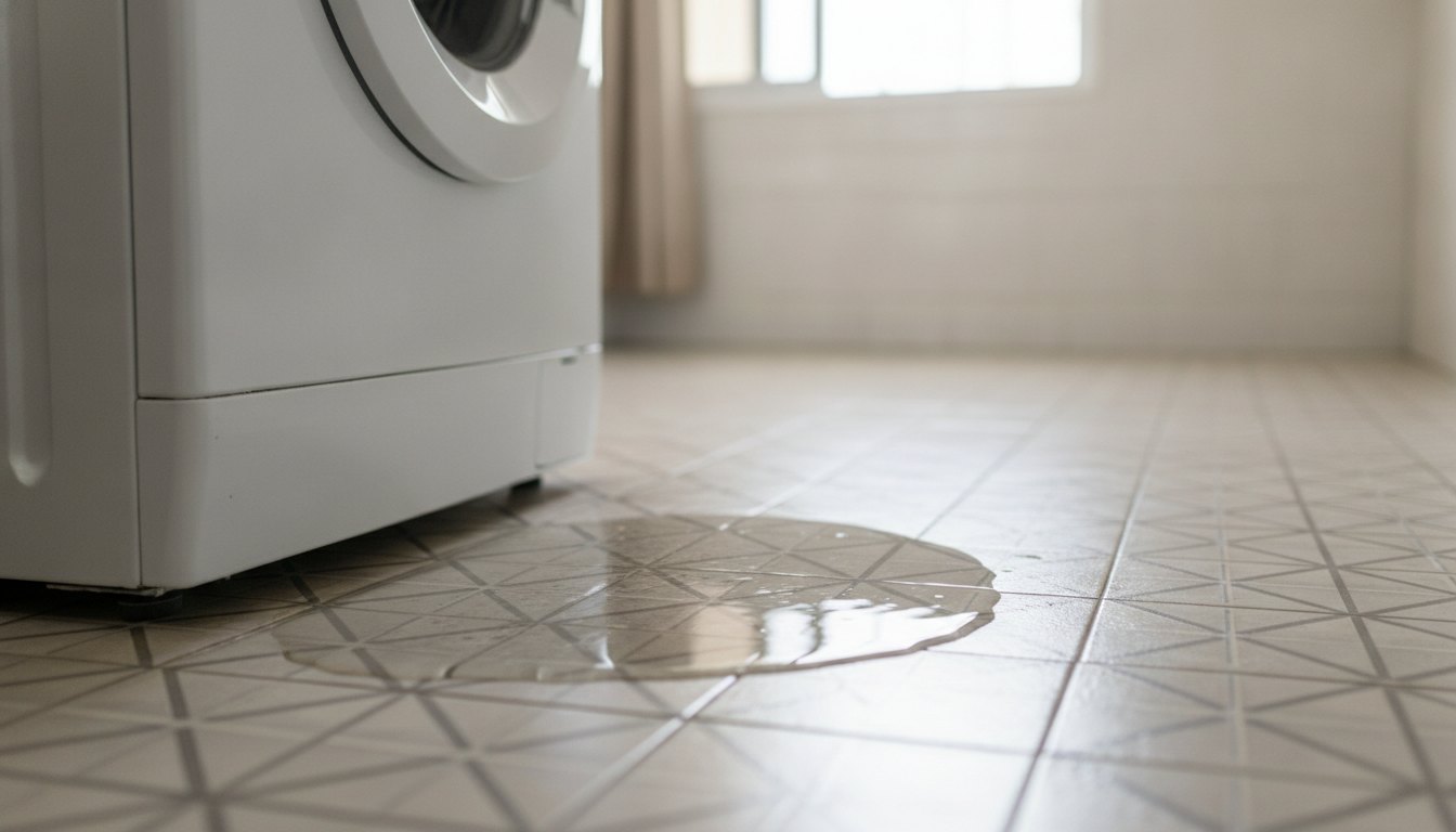 Poça de água no piso de cerâmica próxima aos pés de uma máquina de lavar branca.