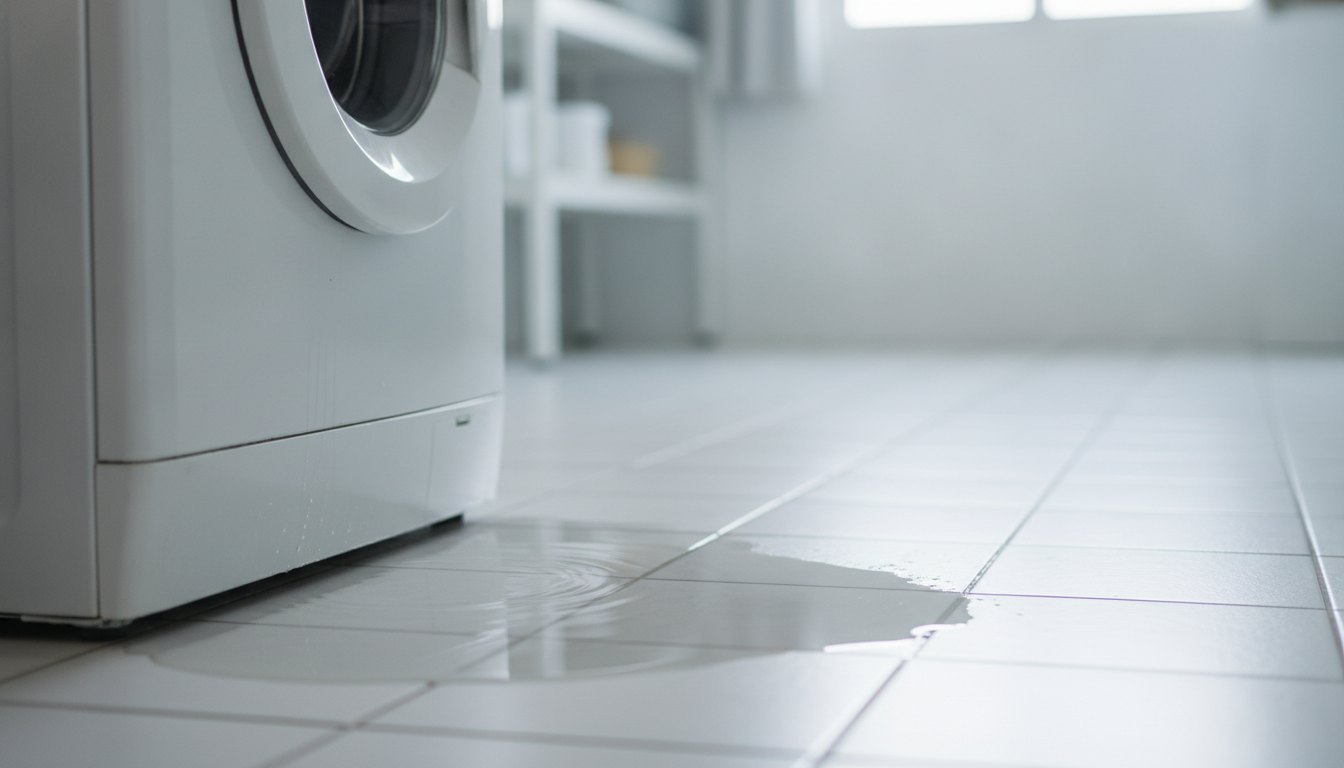 Água acumulada no piso de cerâmica branco próximo aos pés de uma máquina de lavar.