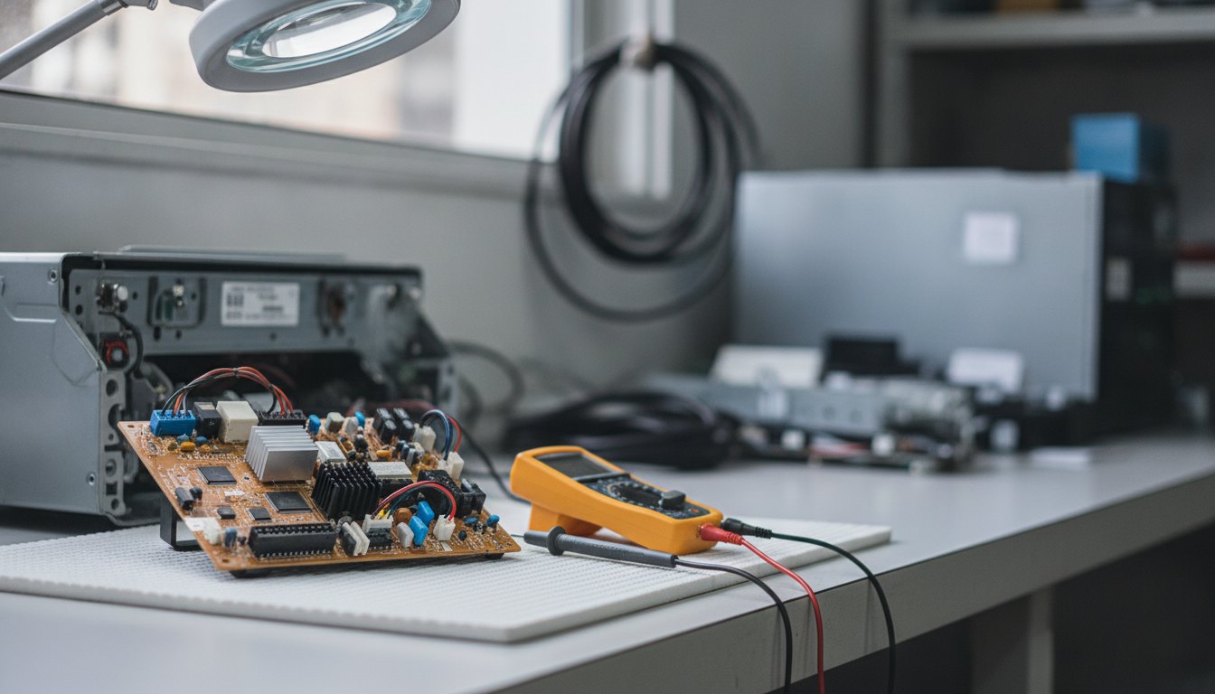 Técnico analisa a placa eletrônica de uma máquina de lavar aberta em uma bancada iluminada.